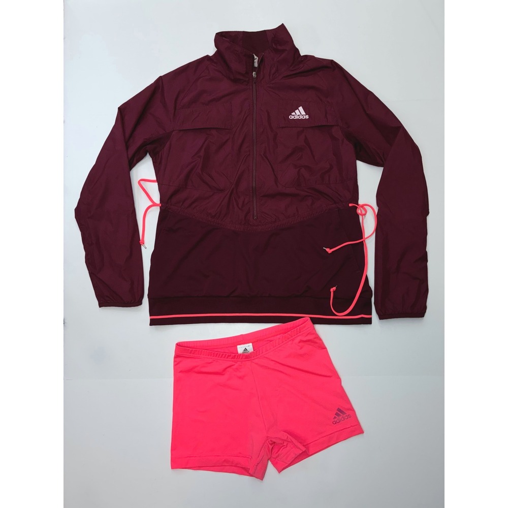Sold.   Adidas Womens Half Zip Windbreaker Jacket and Shorts Set Burgund